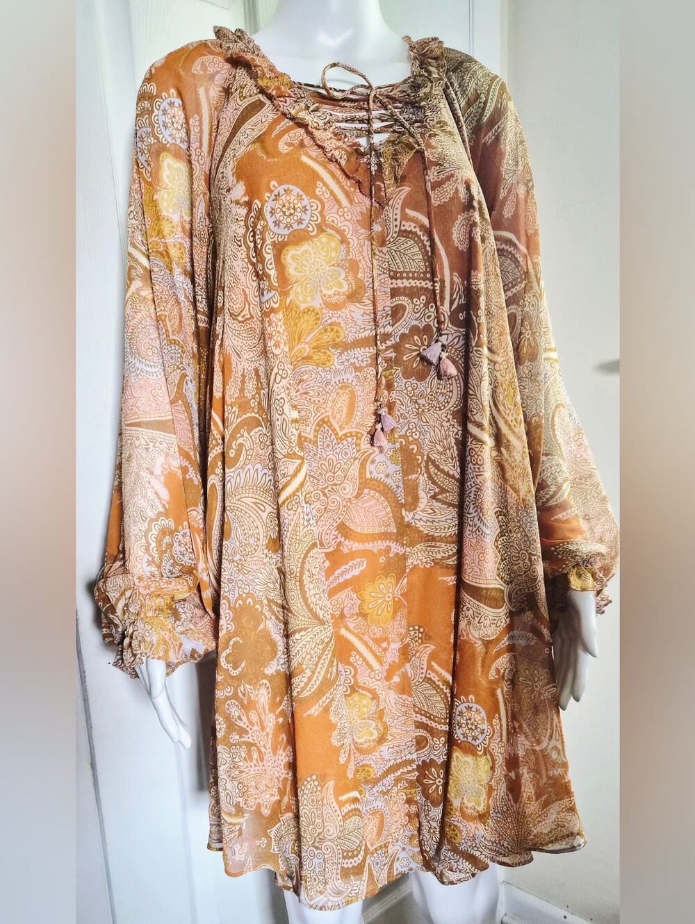 Haute Hippie Boho Paisley Lace-Up Bell Sleeve Tunic Mini Dress